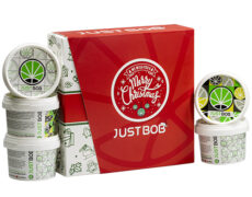 Scatola Justbob XMAS KIT aperta con diversi contenitori di cannabis light con marchio natalizio e design a foglia di cannabis, perfetta per i regali festivi