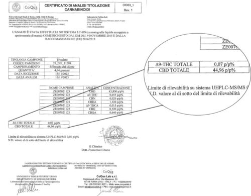 certificato di analisi della tipologia di cannabis light mango cbd boost
