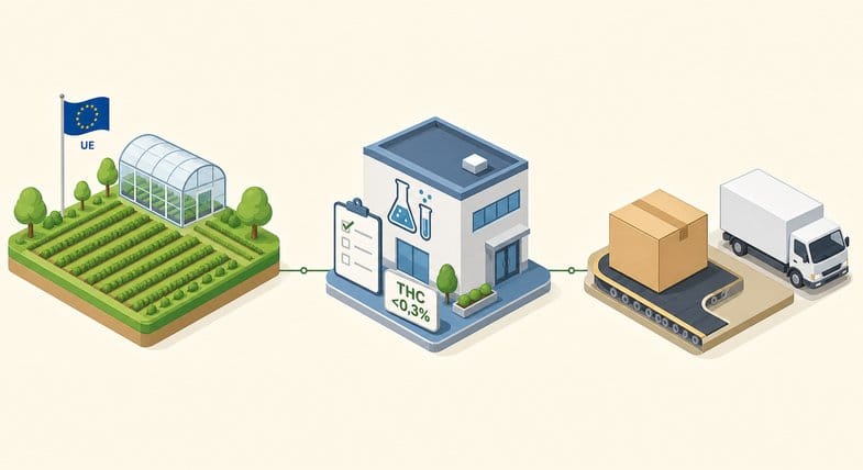 filiera-ue-analisi-laboratorio Illustrazione isometrica della filiera UE: campo con serra e bandiera europea, laboratorio di analisi con THC sotto 0,3%, pacco anonimo e furgone