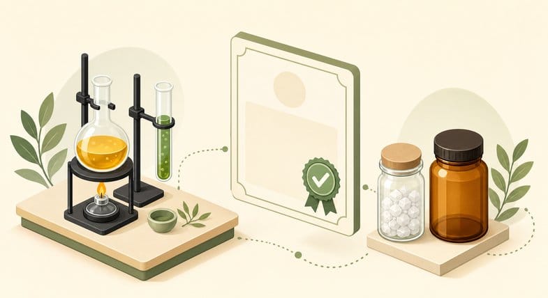 Illustrazione isometrica di un banco di laboratorio con matraccio e provetta, certificato con sigillo di spunta e vasetti con cristalli bianchi