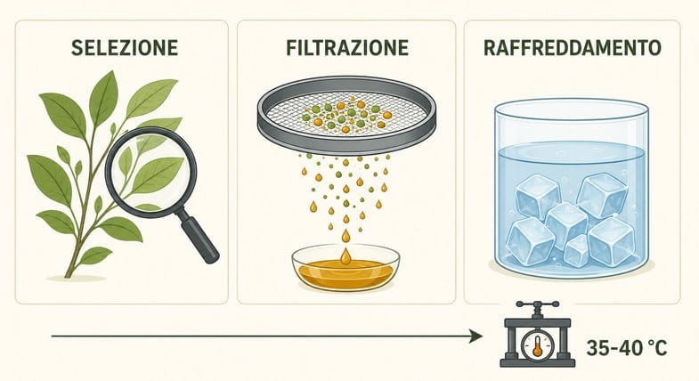schema-lavorazione-botanica-cbd Schema flat vector in tre pannelli su selezione, filtrazione e raffreddamento nella lavorazione botanica, con pressa a 35-40 gradi