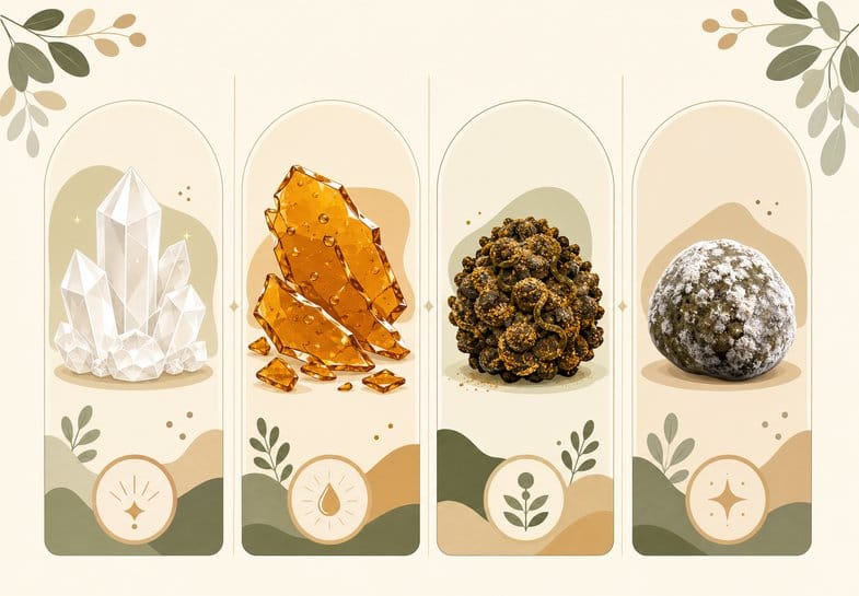 Infografica con quattro estratti CBD a confronto: cristalli bianchi, lastra ambrata di shatter, cima ricoperta di resina scura e sfera glassata di cristalli