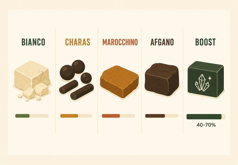 tipologie-hashish-cbd-confronto Infografica flat vector con cinque tipologie di hashish CBD: bianco, charas, marocchino, afgano e linea Boost con barra 40-70%