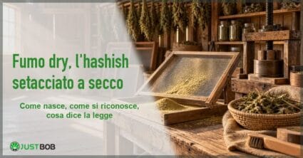 Banner con laboratorio artigianale di setacciatura a secco, telaio con retina inclinato e resina dorata raccolta nel vassoio