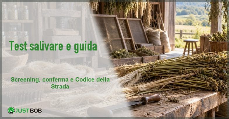 featured-test-salivare-thc Banner con pannello chiaro, titolo verde e logo Justbob a sinistra, a destra un laboratorio artigianale della fibra di canapa