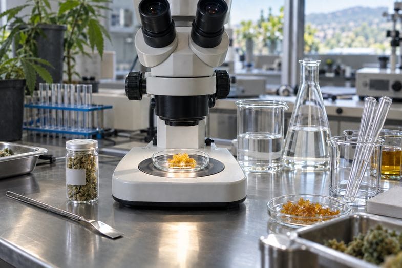 analisi-resina-canapa-microscopio Microscopio da laboratorio con una piastra di granuli di resina dorata, barattolo di infiorescenze essiccate e vetreria sul banco
