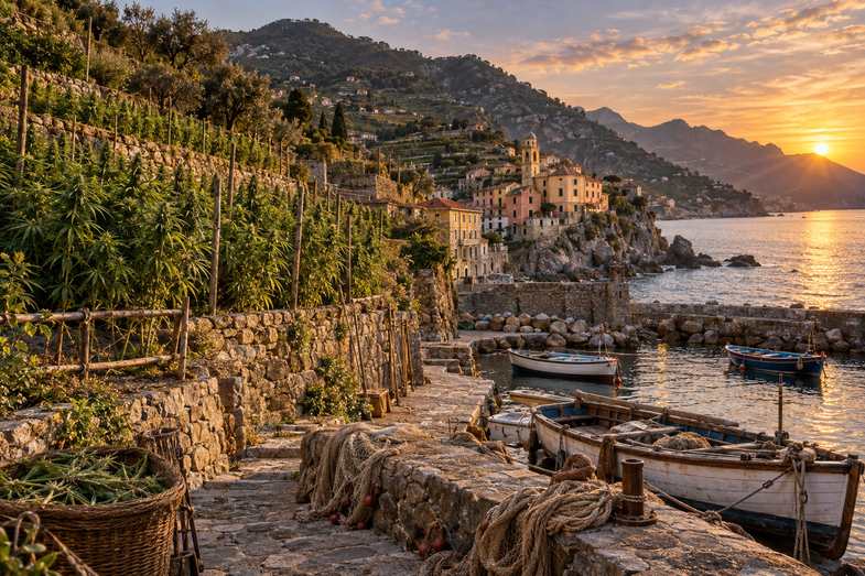 Canapa coltivata a terrazze su una collina costiera ligure al tramonto, con borgo pastello, porto in pietra e barche da pesca in legno