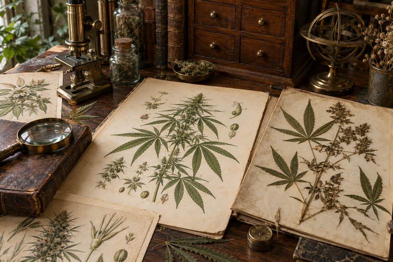 canapa-tavola-botanica-erbario-antico Tavola botanica d'epoca di una pianta di canapa accanto a un erbario e a strumenti in ottone su una scrivania di legno scuro
