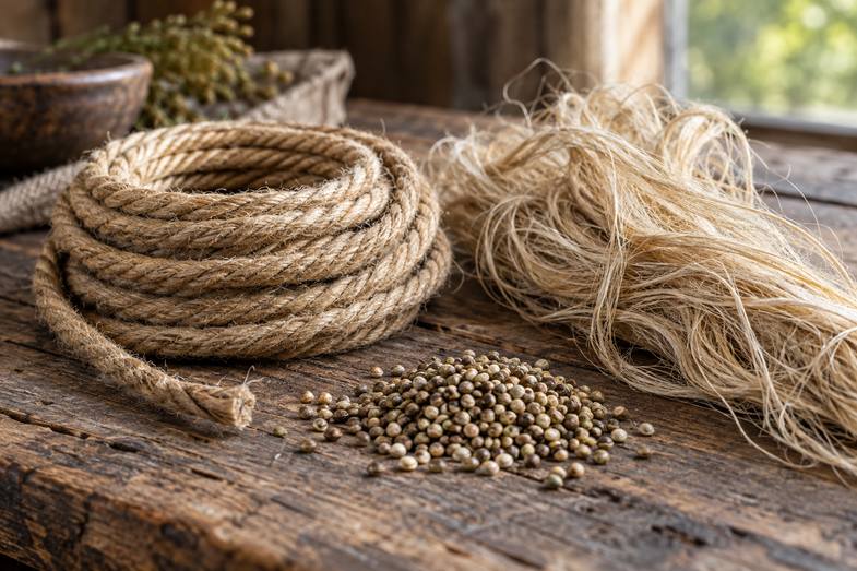 Corda di canapa arrotolata, un ciuffo di fibra chiara e un mucchietto di semi su un tavolo di legno rustico