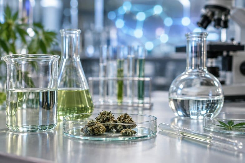 bancone-laboratorio-analisi-canapa Bancone da laboratorio con vetreria e provette dai liquidi verdi, cime di canapa essiccata in primo piano e reticolo molecolare sfocato sullo sfondo
