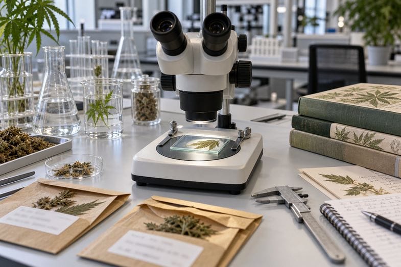 determinazione-botanica-microscopio Microscopio stereo su una foglia di canapa posata su vetrino illuminato, con calibro metallico e buste di campioni essiccati
