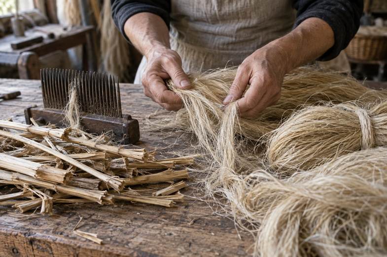 fibre-canapa-lavorazione-artigianale Mani che separano fasci di fibra di canapa grezza su un banco di legno, accanto a un pettine metallico e a frammenti di stelo