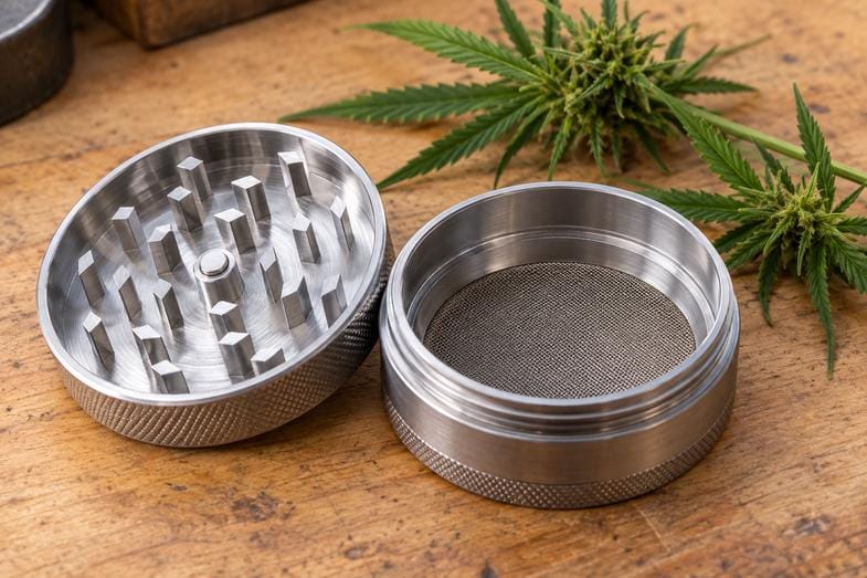 Grinder in metallo aperto in due metà su un piano di legno, con i denti a piolo e la reticella del setaccio ben visibili in primo piano
