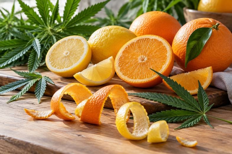 agrumi-e-canapa-limonene Limoni e arance interi e a spicchi accanto a foglie di canapa fresche su un piano di legno, con bucce di agrumi in primo piano