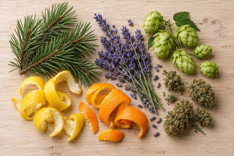 Piante e ingredienti aromatici ricchi di terpeni Rametti di pino, mazzetto di lavanda, coni di luppolo, bucce di limone e arancia e infiorescenze di canapa su un piano di legno chiaro