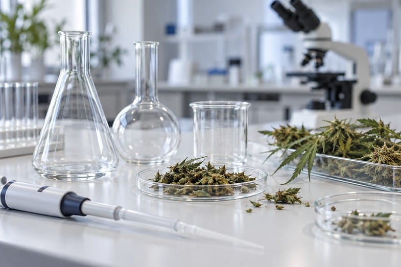 laboratorio-analisi-canapa-thc-cbd Banco di laboratorio con beute e beaker in vetro, campioni di canapa essiccata in capsule Petri e una pipetta, microscopio sfocato sullo sfondo