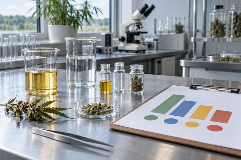 Banco di laboratorio con beute, provette, campioni di canapa essiccata, un microscopio e un cartellino con un grafico