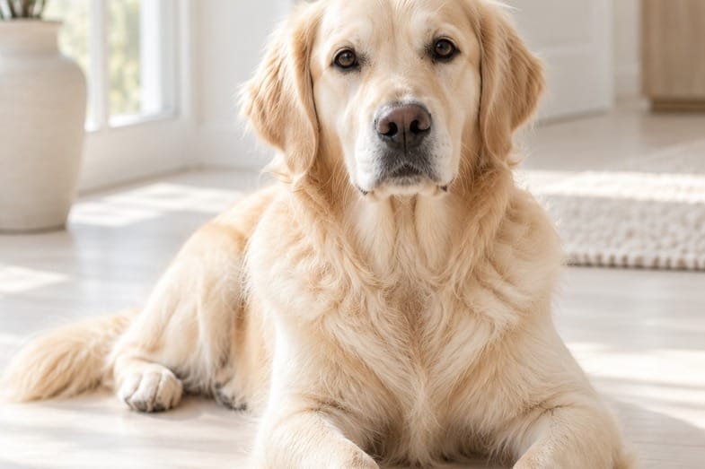 Cane tranquillo sdraiato in un ambiente luminoso Cane dal pelo chiaro sdraiato e rilassato su un pavimento chiaro in una stanza luminosa