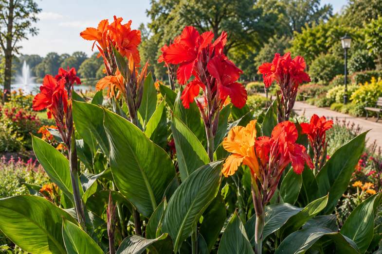 canna-indica-fiore-ornamentale Aiuola di Canna indica in un parco, fiori rossi e arancioni su steli alti tra grandi foglie lucide a lancia