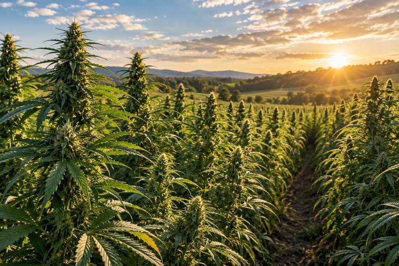 Campo di canapa in fiore con filari di piante verdi che si estendono verso l'orizzonte, tra colline e cielo luminoso al tramonto