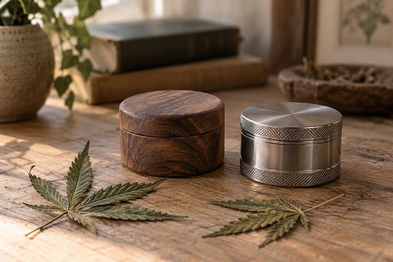 Due grinder chiusi su un tavolo di legno, uno tondo in legno con la giunzione tra le due metà e uno in metallo zigrinato, tra foglie di canapa