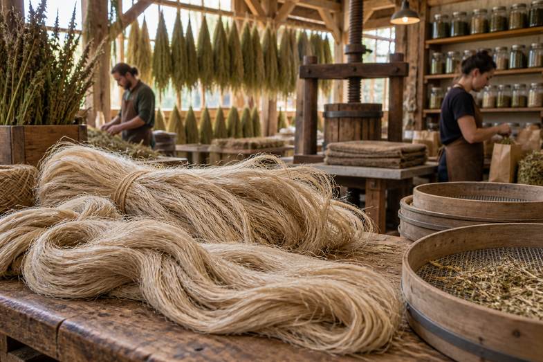 lavorazione-della-fibra-di-canapa-grezza Matasse di fibra di canapa grezza su un tavolo, in un laboratorio artigianale con setacci, una pressa e persone al lavoro